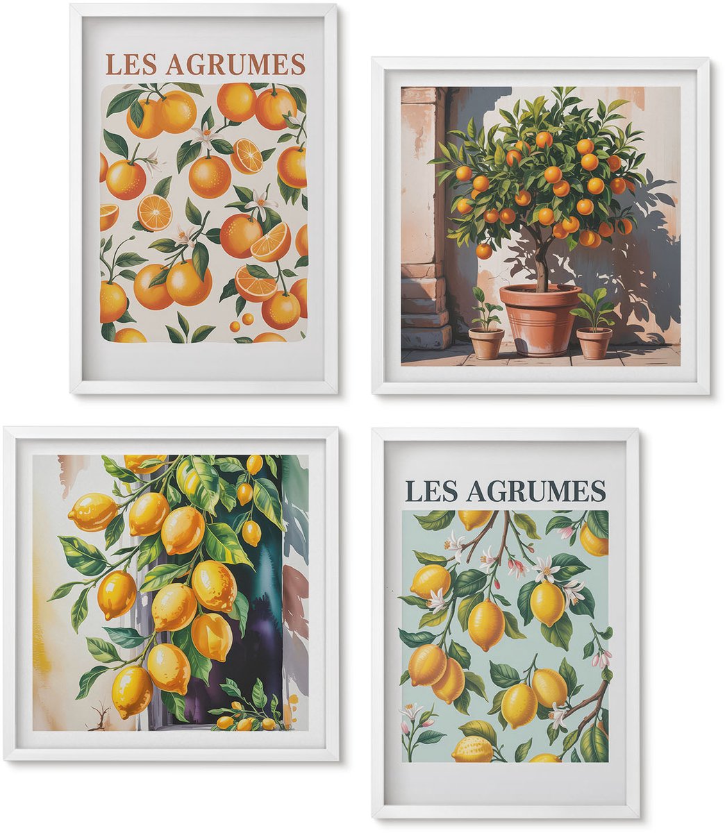 Wallfluent 4-Delige Schilderij Set - Fruitige Citruspatronen In Pastelkleuren - 40 x 40 En 40 x 60 - Wanddecoratie - Schilderijen Set - Kantoor - Decoratieve Schilderijen
