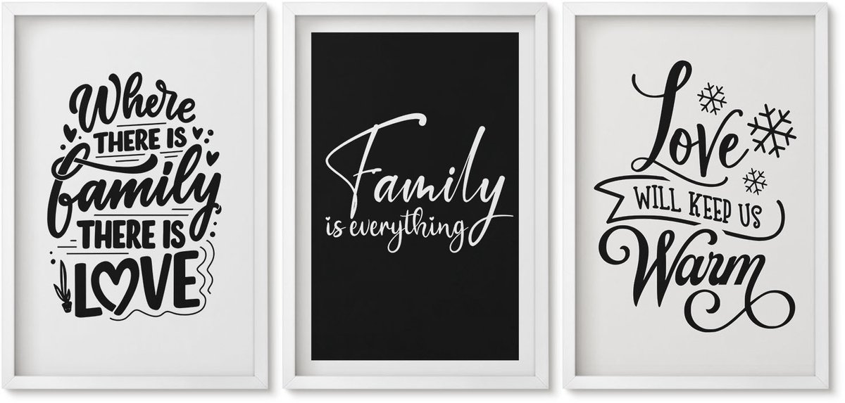 Wallfluent 3-Delige Schilderij Set - Familie, Liefde, Warmte, Thuis, Inspirerende Citaten - 40 x 60 - Stijlvolle Muurdecoratie - Kantoor - Moderne Wanddecoratie