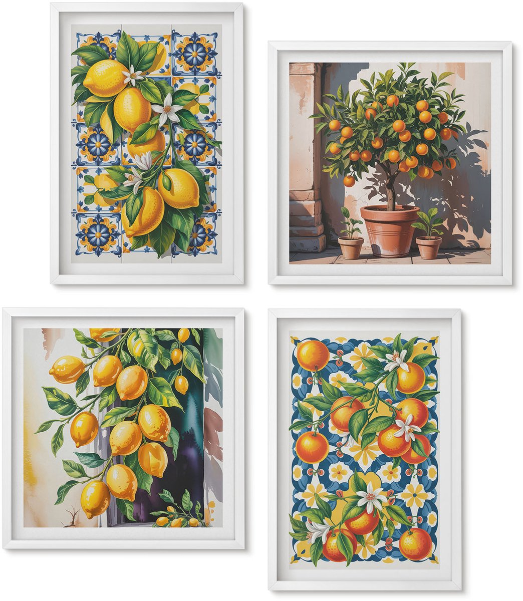 Wallfluent 4-Delige Schilderij Set - Posters Met Citrusvruchten En Kleurrijke Abstracte Patronen - 40 x 40 En 40 x 60 - Decoratieve Schilderijen - Woonkamer - Interieur - Woonkamer Decoratie