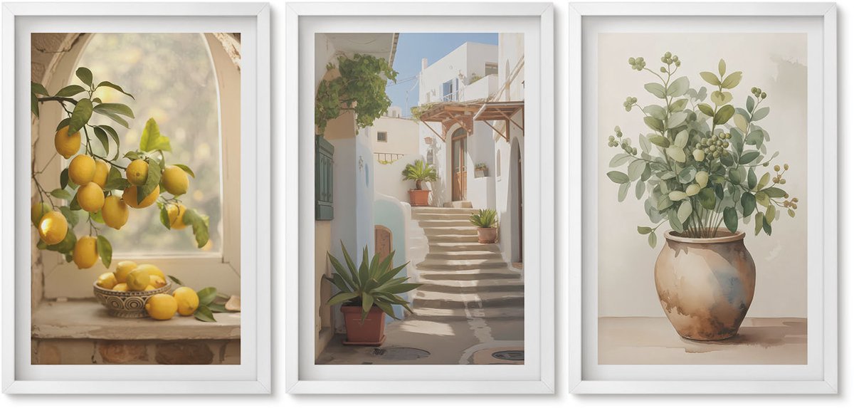 Wallfluent 3-Delige Schilderij Set - Citroenen In Een Vaas En Planten In Een Witte Architectuur - 40 x 60 - Muurdecoratie - Schilderijen Set - Woonkamer - Stijlvolle Muurdecoratie