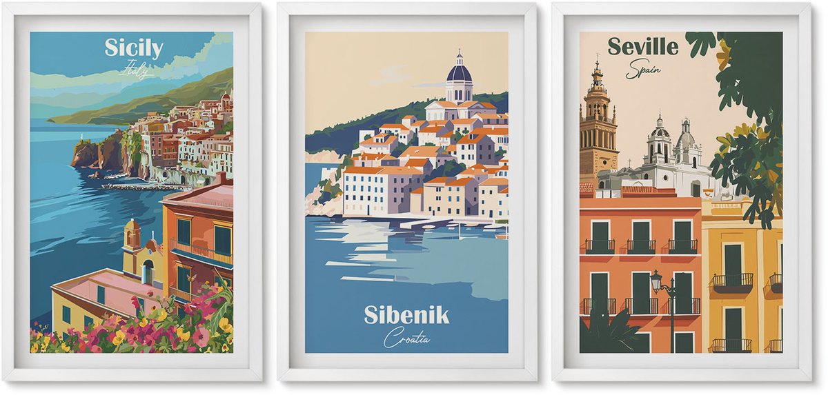 Wallfluent 3-Delige Schilderij Set - Europese Stadsgezichten Met Kleurrijke Gebouwen - 40 x 60 - Wanddecoratie - Moderne Interieurdecoratie - Interieur Decoratie