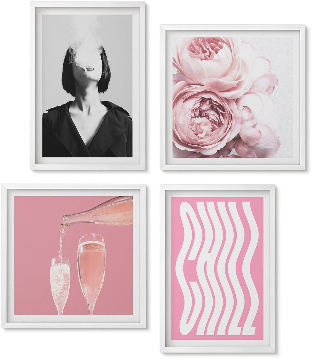 Wallfluent 4-Delige Schilderij Set - Stijlvol Portret Van Een Vrouw Met Champagne En Rozen, Ontspanning. - 40 x 40 En 40 x 60 - Wanddecoratie - Woonkamer Decoratie - Muurdecoratie