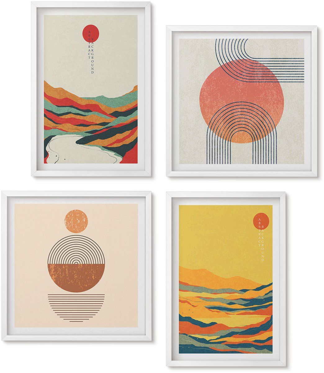Wallfluent 4-Delige Schilderij Set - Kleurrijke Patronen Van Bergen En Rivieren In Japandi-Stijl - 40 x 40 En 40 x 60 - Schilderijen Set - Wanddecoratie - Woonkamer - Muurdecoratie