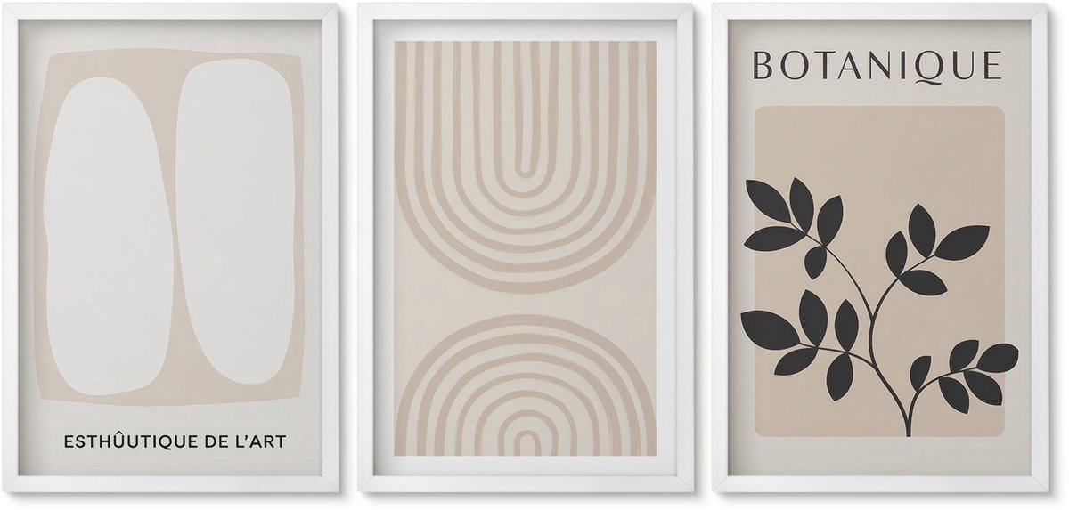 Wallfluent 3-Delige Schilderij Set - Boho Delicate Posters Abstracte Plantenmotieven - 40 x 60 - Stijlvolle Wanddecoratie - Interieur - Muurdecoratie