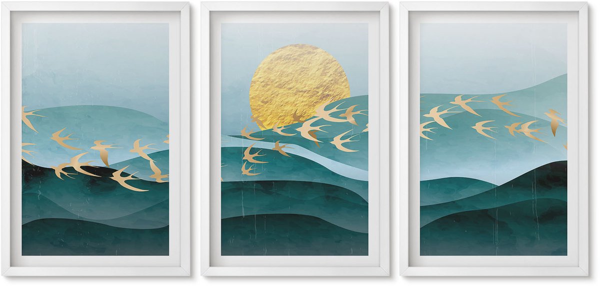Wallfluent 3-Delige Schilderij Set - Abstracte Landschappen Met Zonnestralen En Vliegende Vogels - 40 x 60 - Decoratieve Schilderijen - Wanddecoratie - Hal