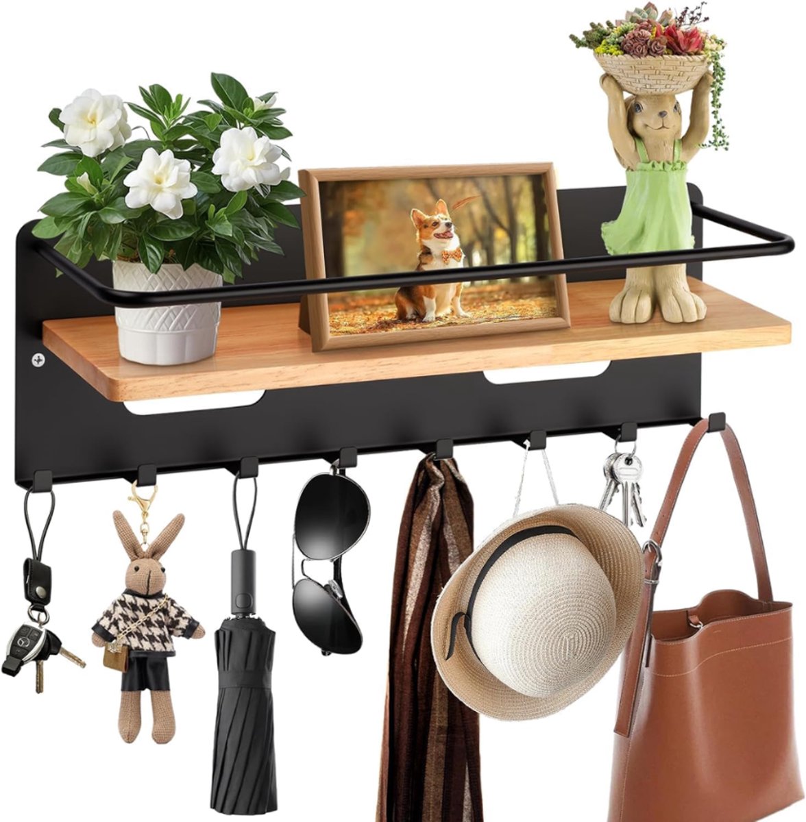 DYVNS® Sleutelbakje met Plank - Sleutelrekje Hangend - Sleutelhouder Wandmontage - Sleutel Bakje - Key Organizer - 8 Sleutelhaken - Zwart - Hout