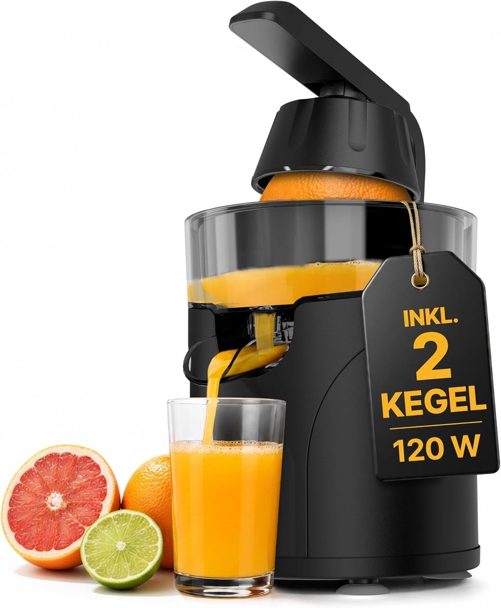 Citruspers elektrisch - Zwart - Met 2 perskegels en lekvrij reservoir - Duurzaam kunststof en RVS - Voor vers sap van citrusvruchten