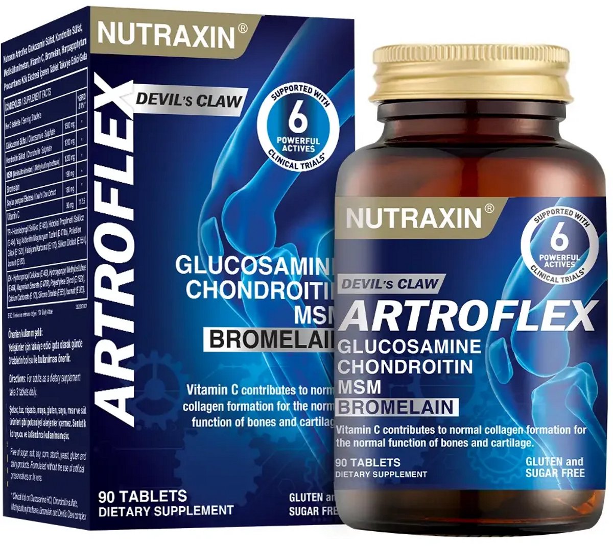 Nutraxin Artroflex Voedingssupplement - Met Glucosamine, Chondroïtie, MSM, Bromelaïne & Duivelsklauw - 90 Tabletten - Glutenvrij & Suikervrij