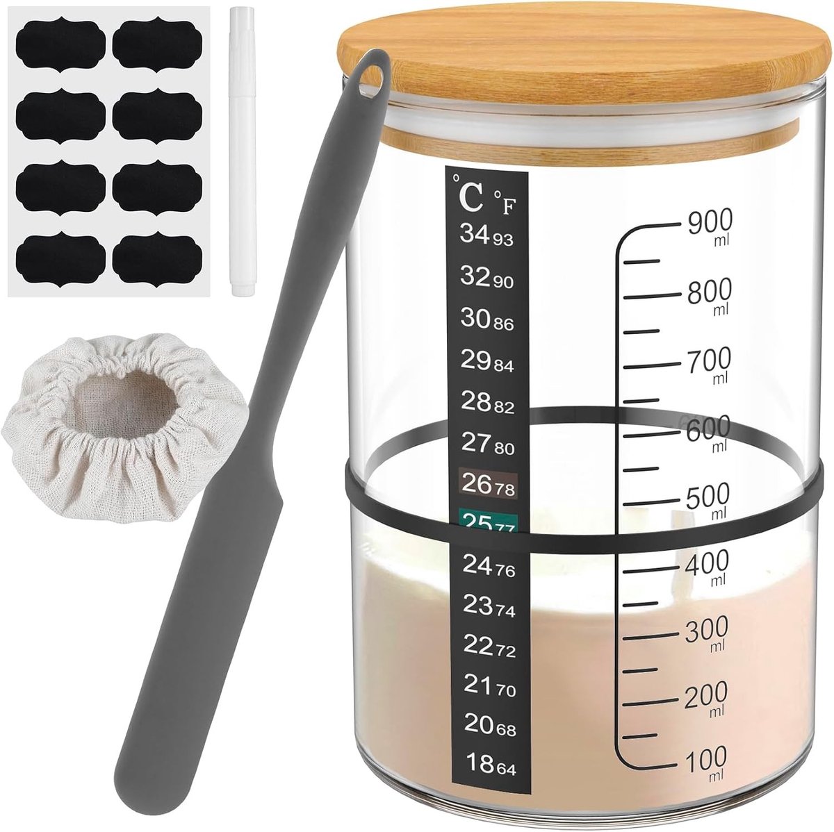 Fermentatiepot - Transparant - 900 ml - Glas met Houten Deksel - Starterset voor Zuurdesem en Gistfermentatie