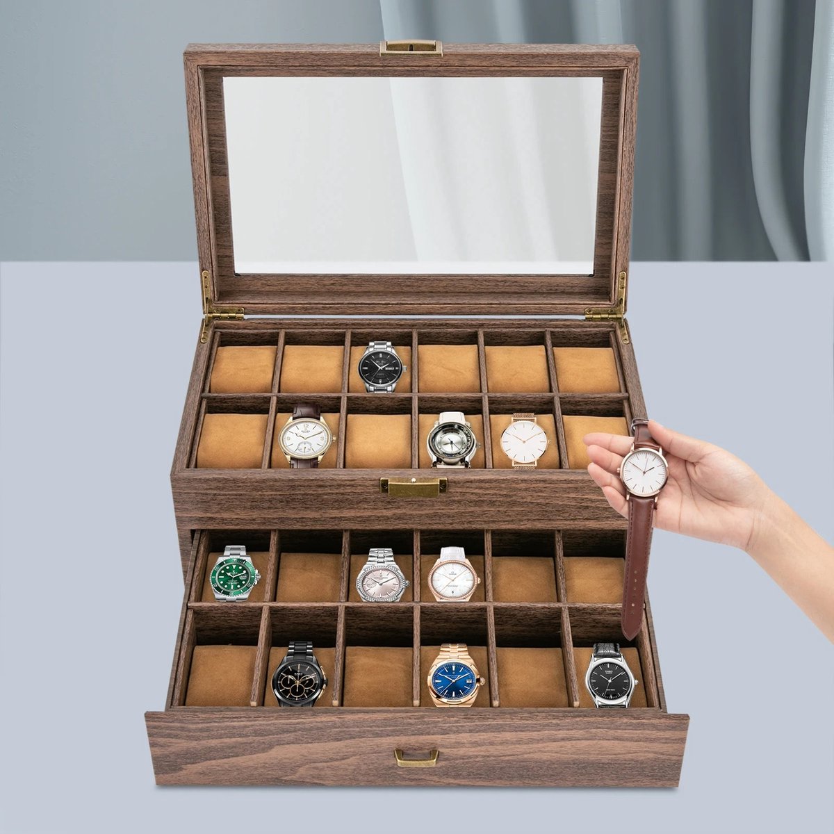Geargalaxy Horlogedoos - Horlogebox - Horlogekist - Horlogevitrine - Horloge Organizer - Sieradenbox - 24 Vakken - Bruin