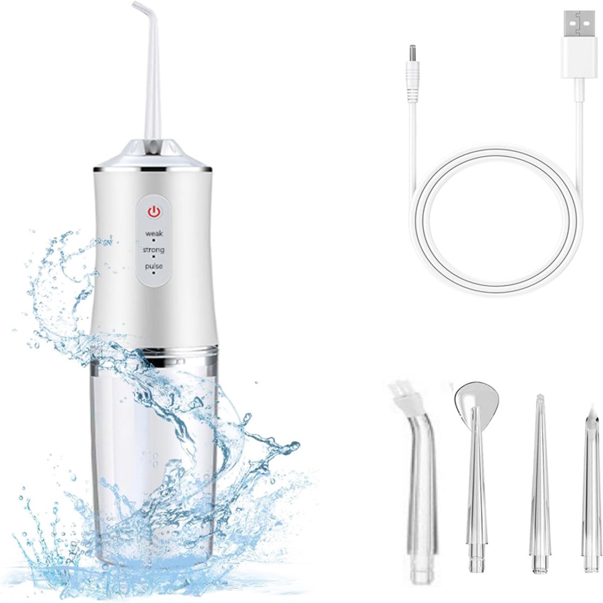 KZQ Draadloze elektrische waterflosser met 3 standen en 4 opzetstukken - Effectief voor tandvlees en interdentale reiniging - Geschikt voor thuis en reizen - Wit