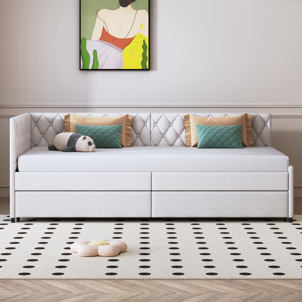 Slaapbank 90x200 cm, uitschuifbare slaapbank voor woonkamer, 2-in-1 converteerbare bank, ruimtebesparend bed, fluwelen bekleding, beige, zonder matras