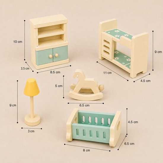 Houten kinderkamerspullen: kastje, stapelbed met groene bloemetjes, wipwap, wiegje en gele lamp.