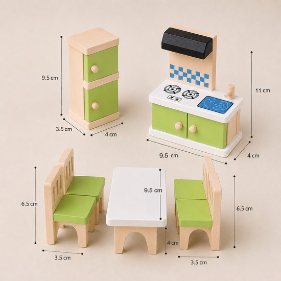 Houten keukenset met groene kasten, witte tafel, twee stoelen met groene kussens.