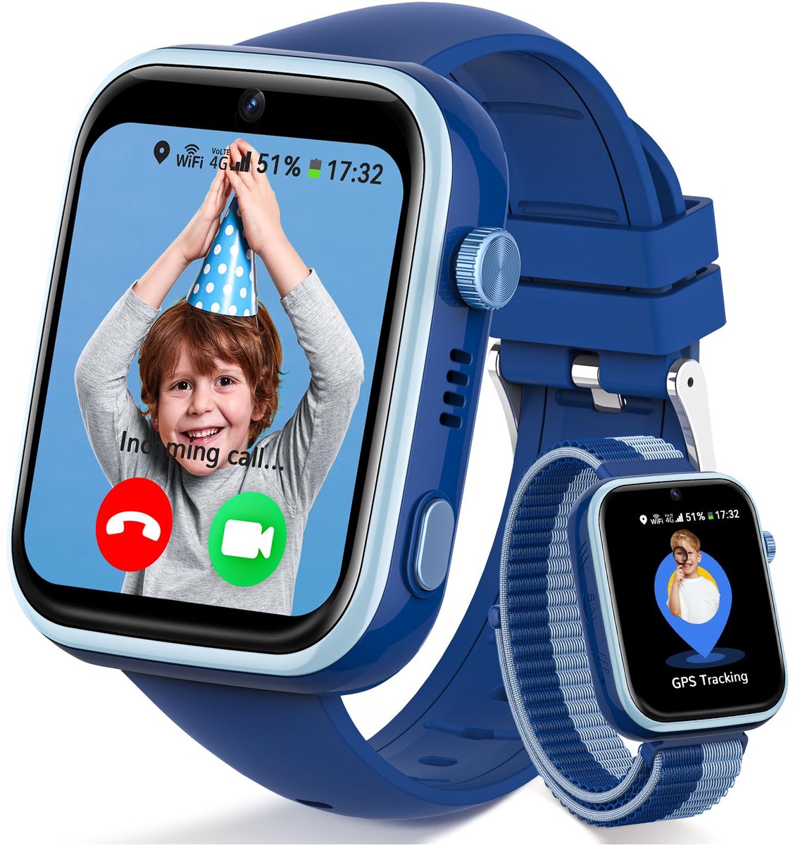 FOSMET 4G Smartwatch Kinderen - KidsWatch - Kinder Smartwatch - GPS Horloge Kind - SOS Knop - Tweeweg-gesprekken - GPS Horloge Kind - Kinderhorloge met Simkaart - Videobellen - Geschikt voor 4-12 Jaar - Jongen - Blauw
