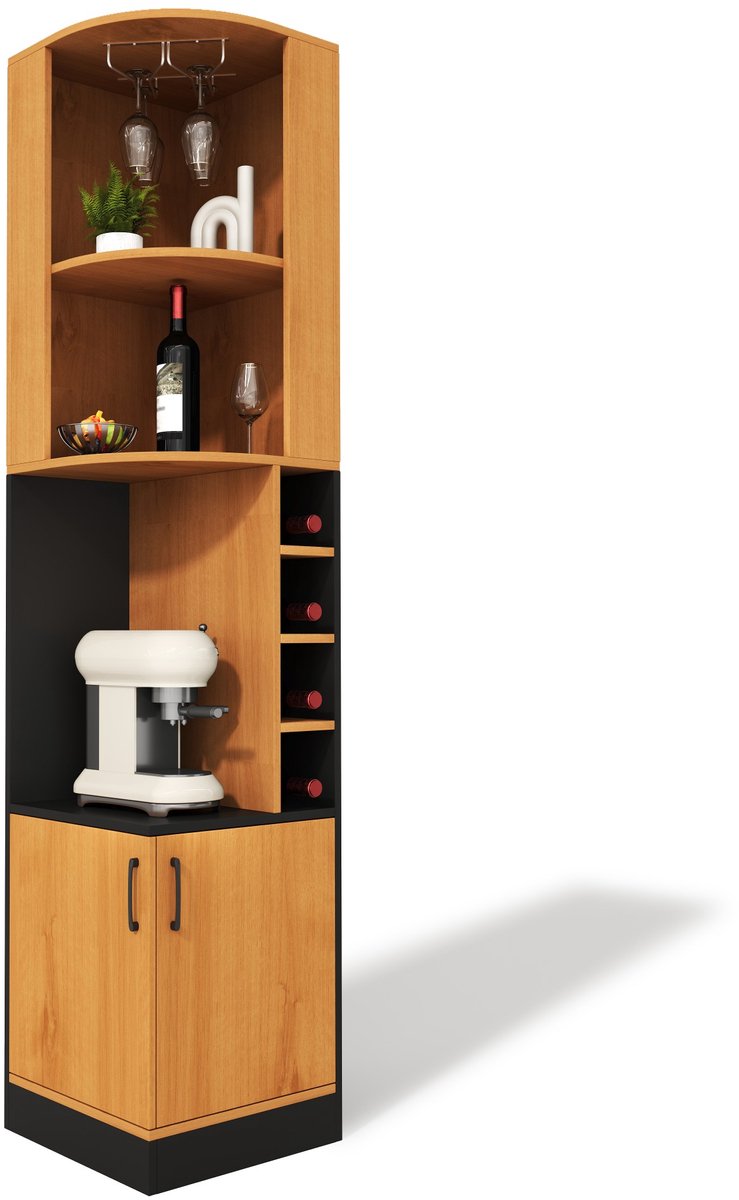 Ropilly Hoek Wijnkast - Vrijstaande Barkast - Met Glazenrek - Multifunctionele Opbergruimte - MDF Hout - Voor Woonkamer en Keuken - 40x40x182cm - Houtkleur Naturel