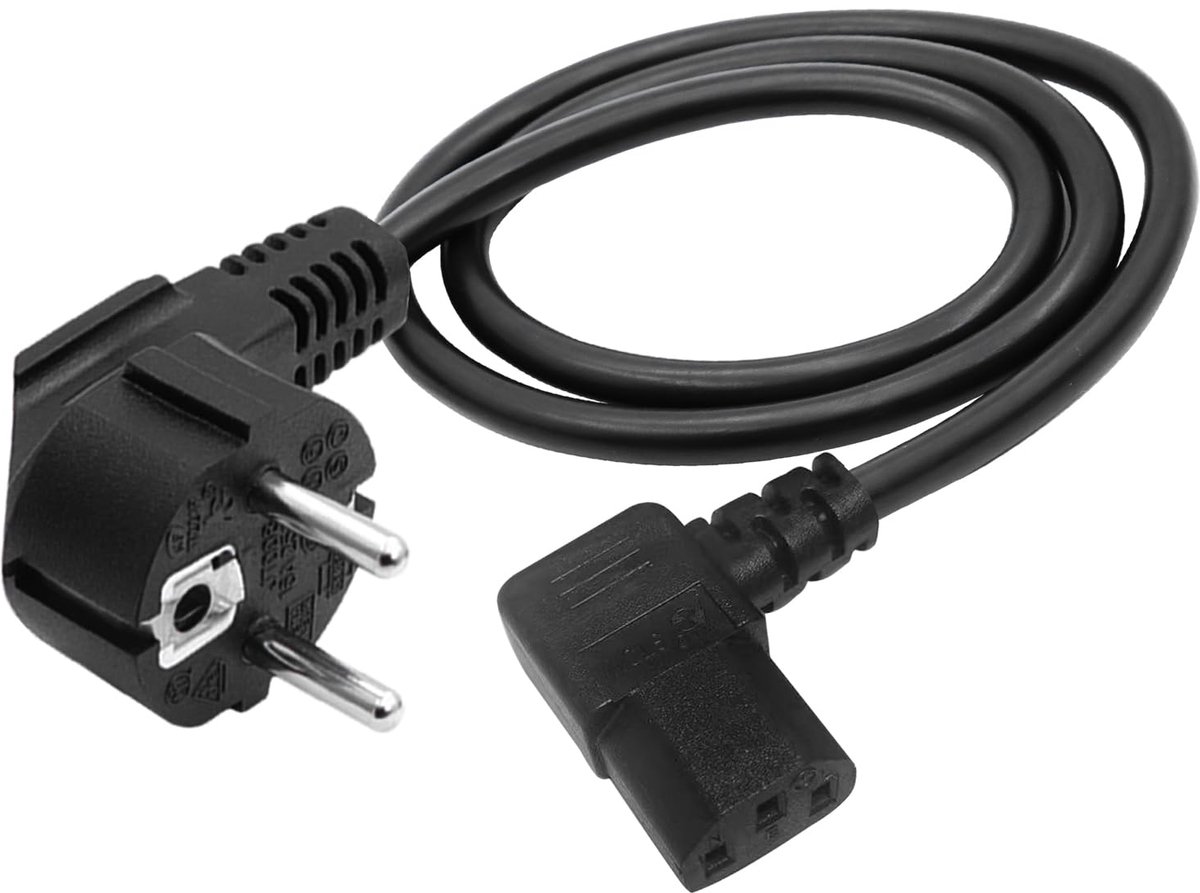 Koudapparaatkabel schuin, koudapparaatkabel 90 graden zwart, 3 x 1,0 mm² netkabel, geaarde stekker type F CEE 7/7 naar - ShopVlot