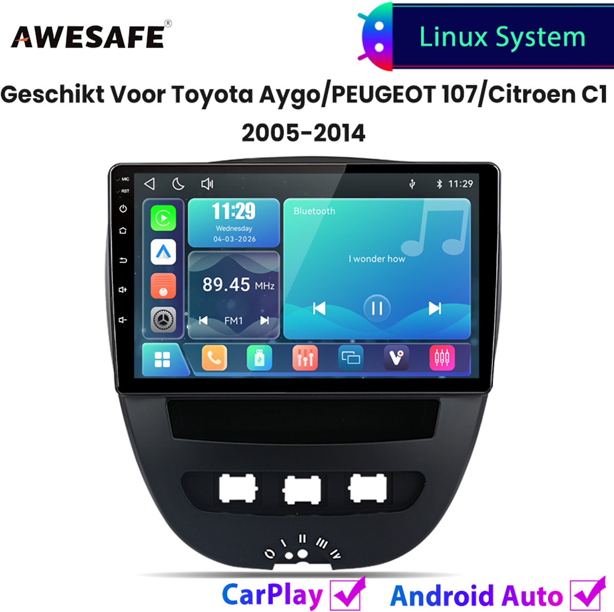 Awesafe Autoradio - Geschikt Voor Toyota Aygo/PEUGEOT 107/Citroen C1 2005 t/m 2014 - Draadloos Carplay Android Auto - Linux systeem - 10 Inch Touchscreen - Bluetooth Wifi - 2005 2006 2007 2008 2009 2010 2011 2012 2013 2014