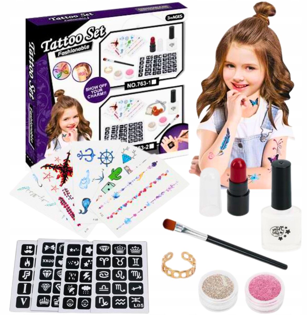 Grote Tattoo Set voor Kinderen: Lak, Sjabloon & Glitter
