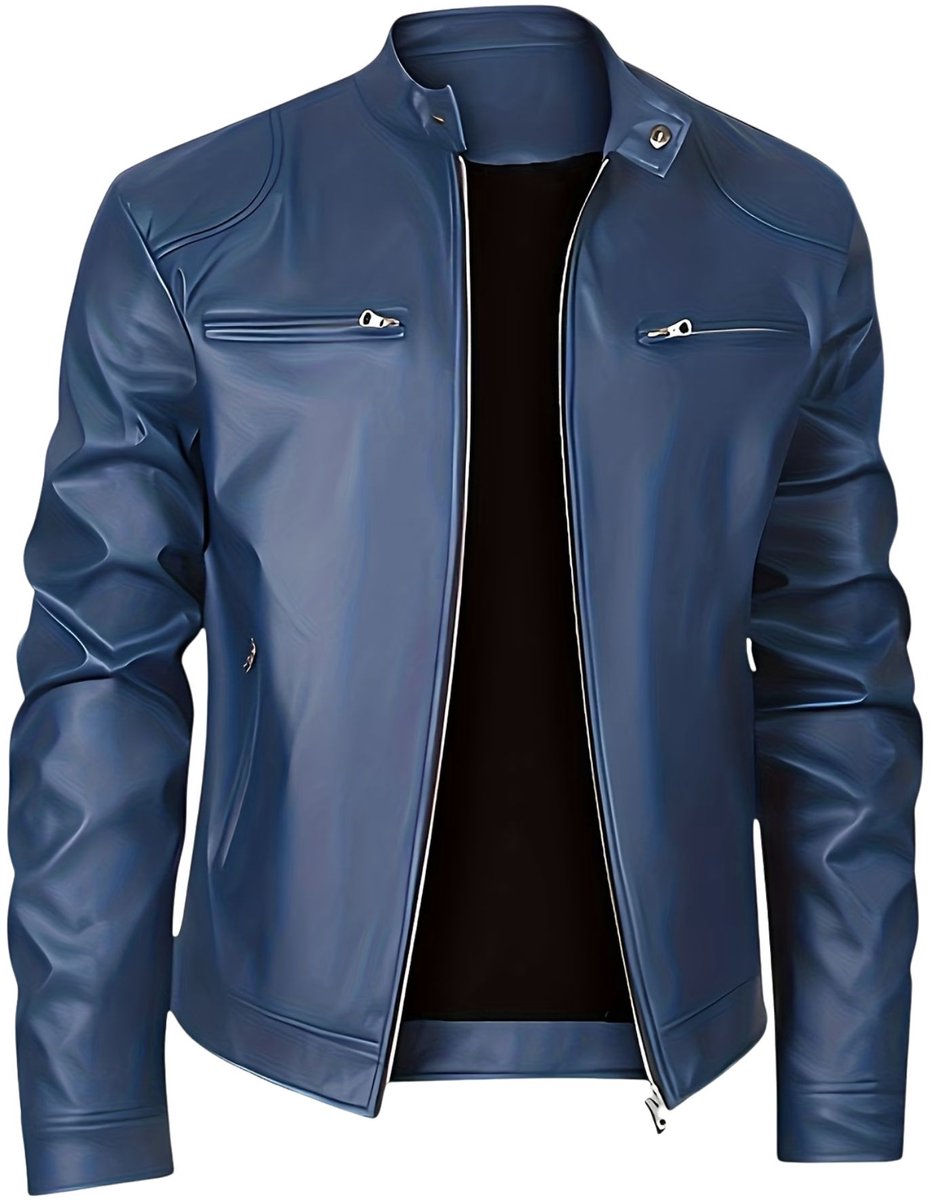 Currero Kunst Leren Jas Leather Jacket Lederen Jas Bomberjack Pilotenjack Blazer Biker Motorjas Motormuis Heren Zee Blauw