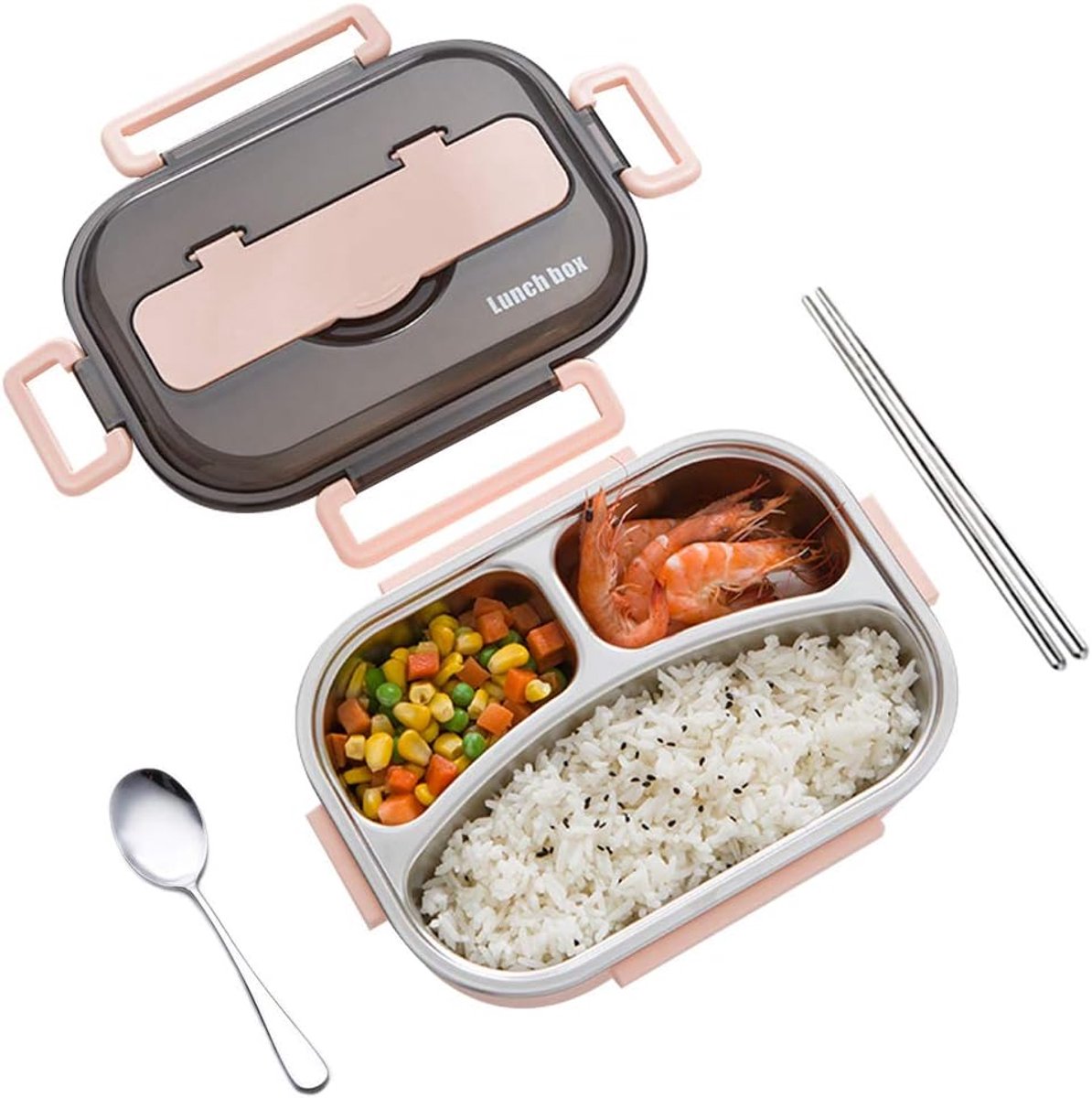 Bento Box 3 Compartiment - Roestvrijstaal - Met Lepel en Chopsticks - Ideaal voor Lunch - ShopVlot