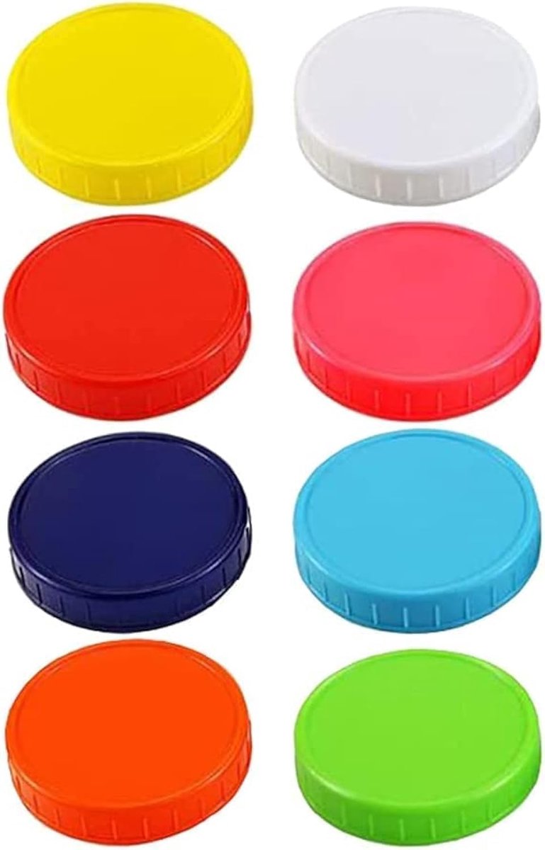 Mason jar deksels 8 stuks - brede opening 70mm - kleurrijke kunststof - lekvrij en krasbestendig - ShopVlot