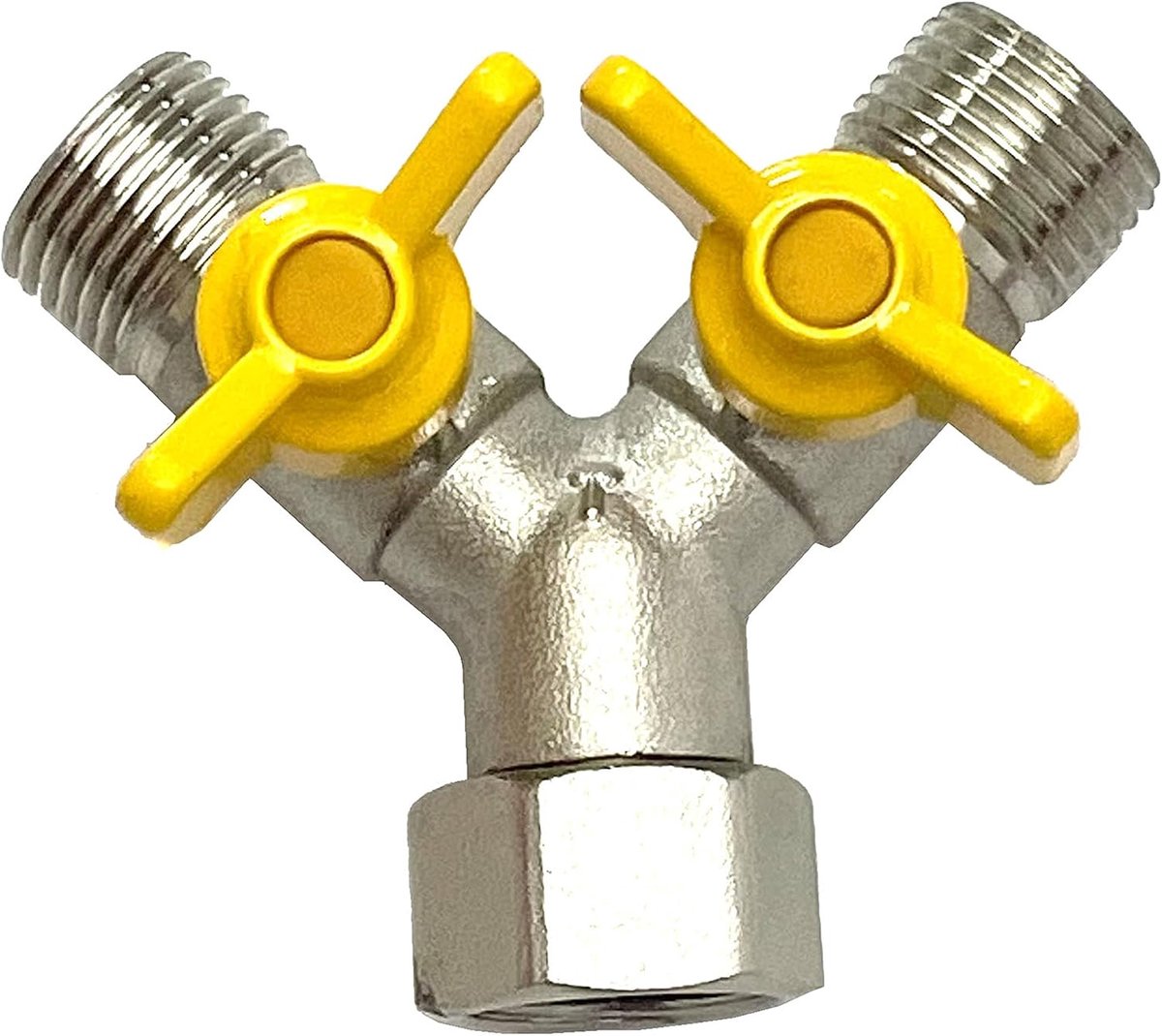 Y-distributor 3-weg 1/2 inch AG - massief messing met nikkelafwerking - aparte afsluitbare kogelkranen - ShopVlot