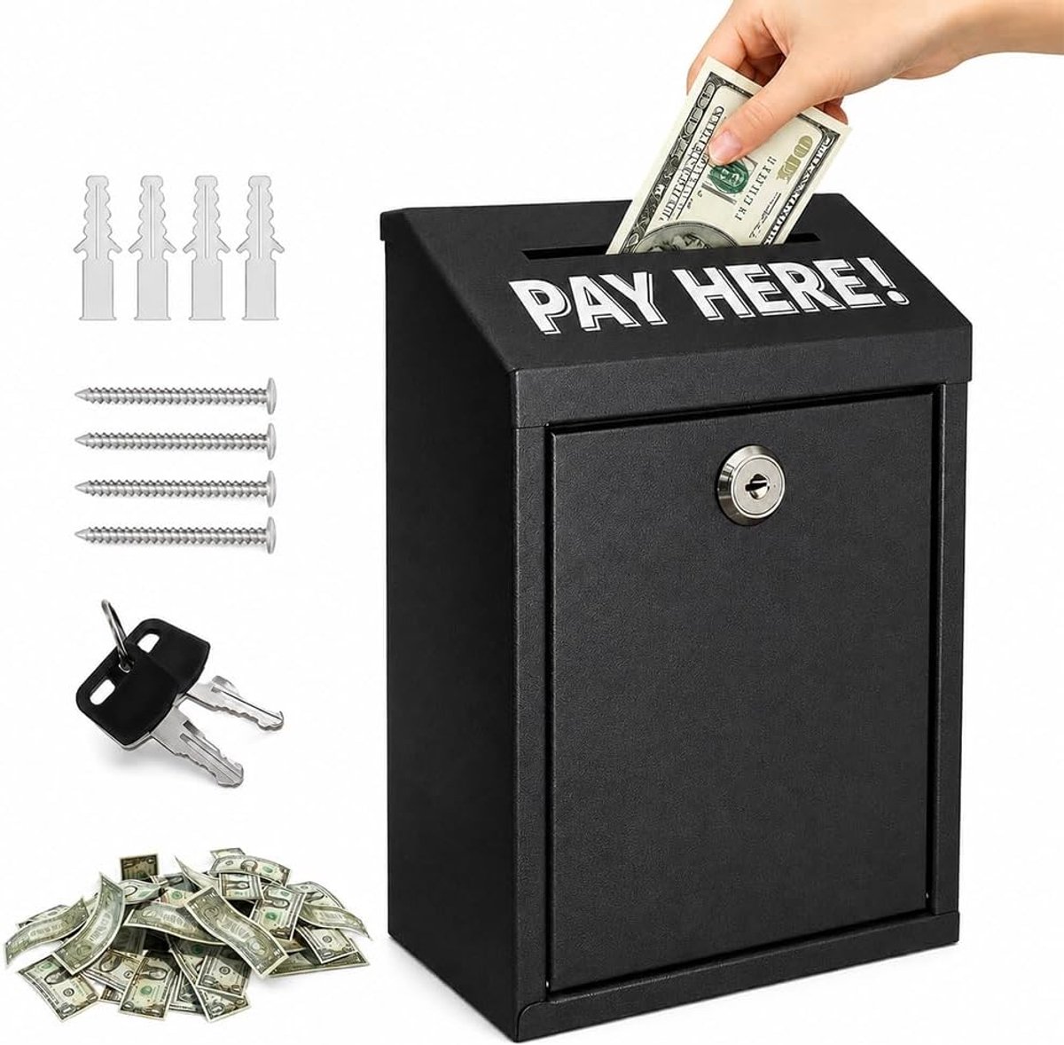 Metalen donatiebox, wandmontage, afsluitbare doos, voorsteldoos met sleuven, geldcassette met gleuf, metalen - ShopVlot