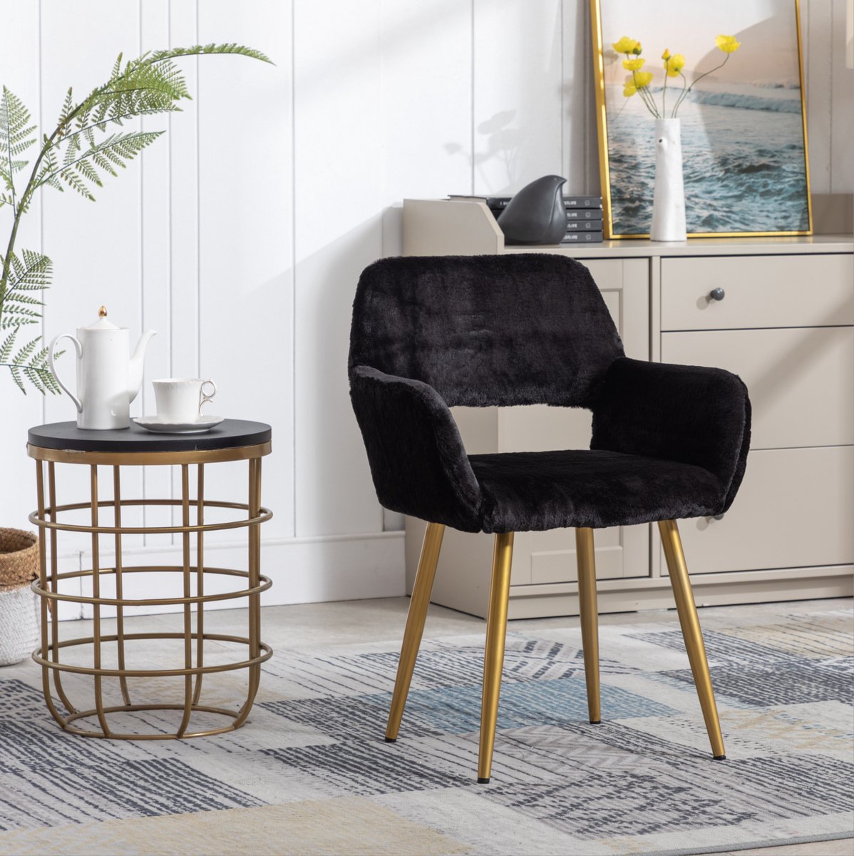STILVORA Eetkamerstoel Met Armleuningen Zwart Kunstbont Mid Century Design Metaal Voor Eetkamer En Woonkamer
