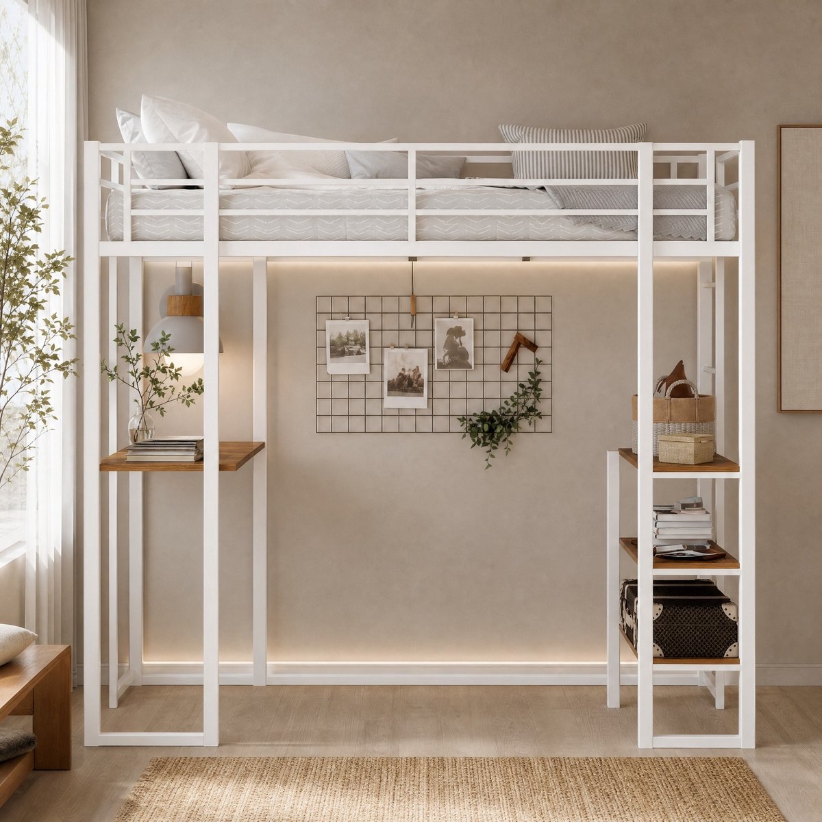 MEUNIQ Hoogslaper met bureau en opbergruimte 90 x 190 cm, metalen frame, dubbele ladders, voor kinderkamer en tienerkamer, wit Black
