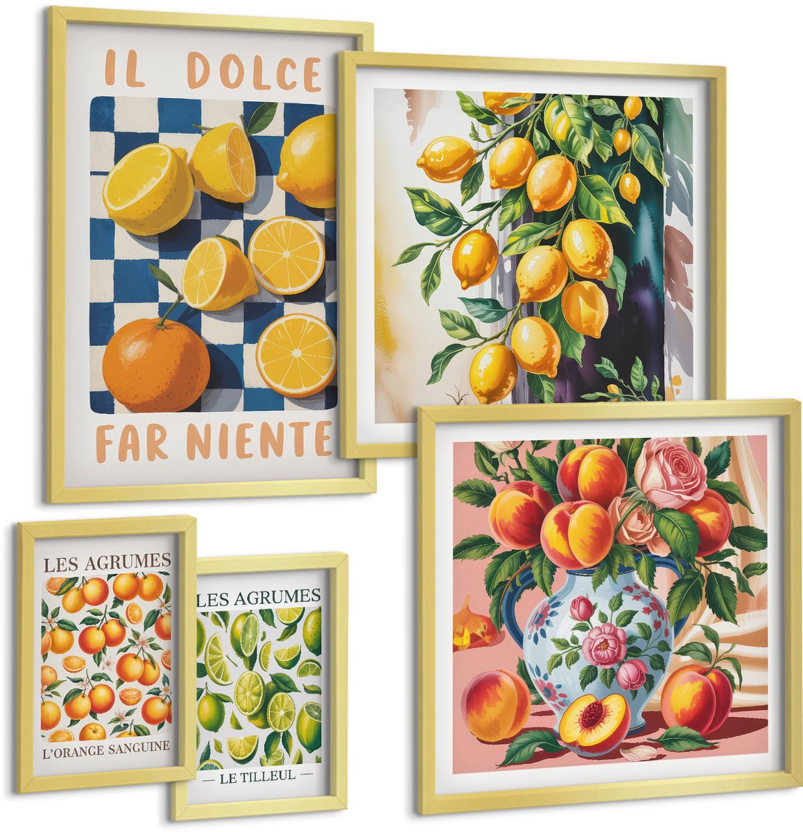 TULUP 5-Delige Schilderij Set - Citrusinspiratie in retrostijl voor de keuken - 50 x 50 cm, 20 x 30 cm en 40 x 60 cm - Stijlvolle Muurdecoratie - Slaapkamer - Interieur Decoratie Gouden lijst