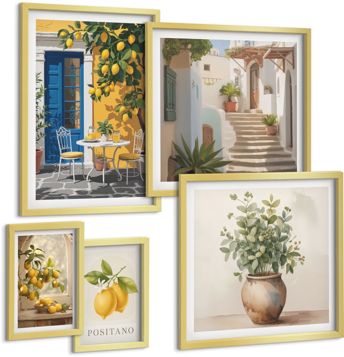 TULUP 5-Delige Schilderij Set - Citrusinspiratie in mediterrane stijl - 50 x 50 cm, 20 x 30 cm en 40 x 60 cm - Wanddecoratie - Moderne Interieurdecoratie - Moderne Wanddecoratie Gouden lijst