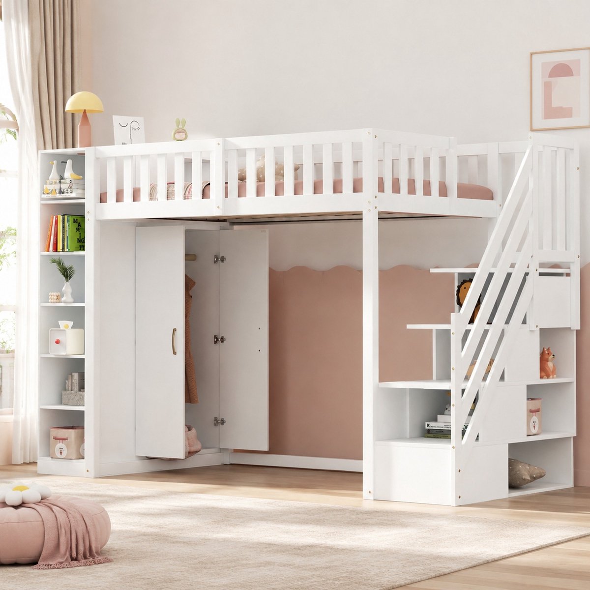 MEUNIQ Hoogslaper 90x200 cm met kledingkast, opbergrekken en veiligheidsladder met opberglades voor kinderkamer, wit/houtkleur White