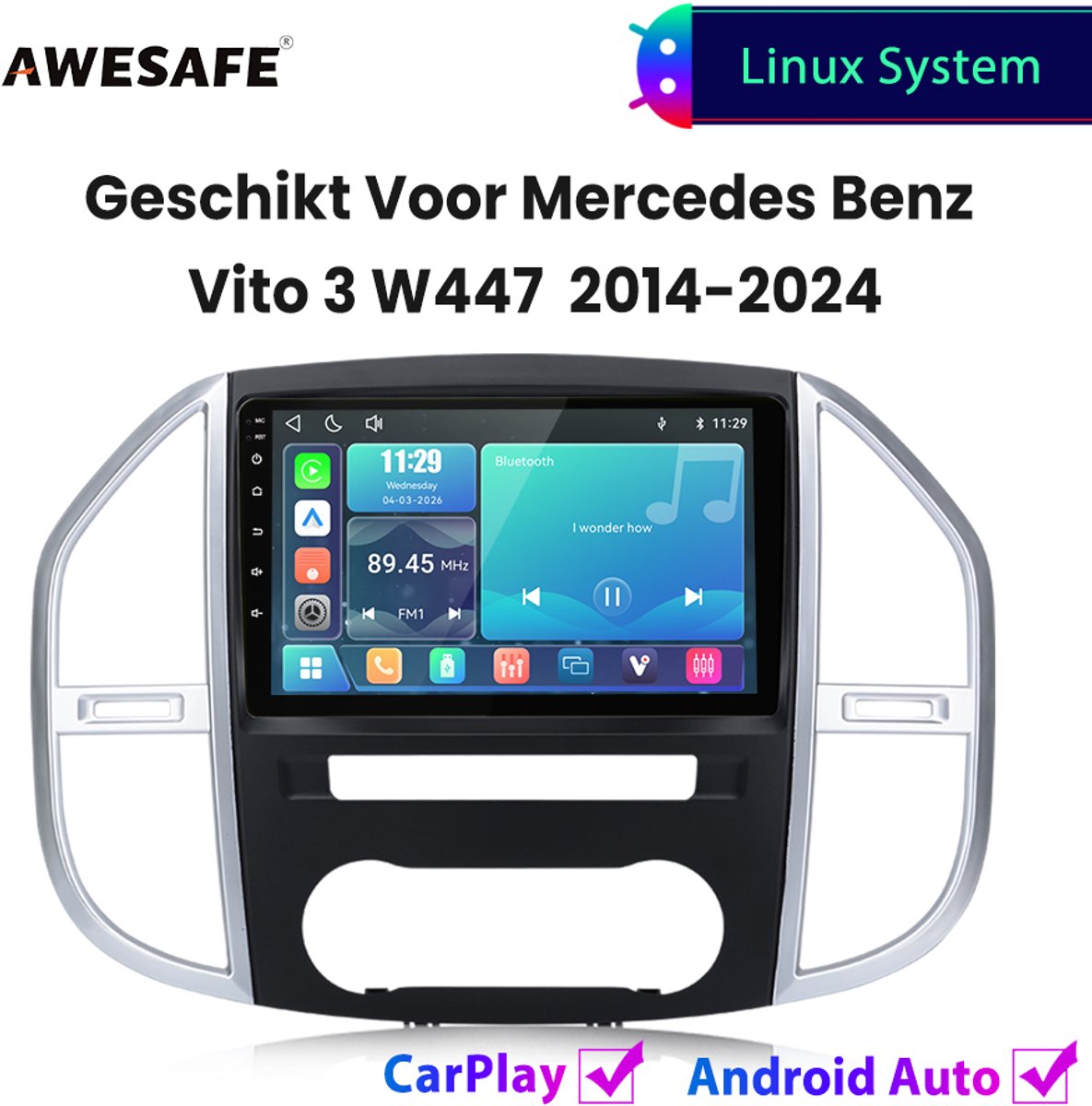 Awesafe Autoradio - Geschikt Voor Mercedes Benz Vito 3 W447 2014 t/m 2024 - Draadloos Carplay Android Auto - Linux systeem - 10 Inch Touchscreen - Bluetooth Wifi - 2014 2015 2016 2017 2018 2019 2020 2021 2022 2023