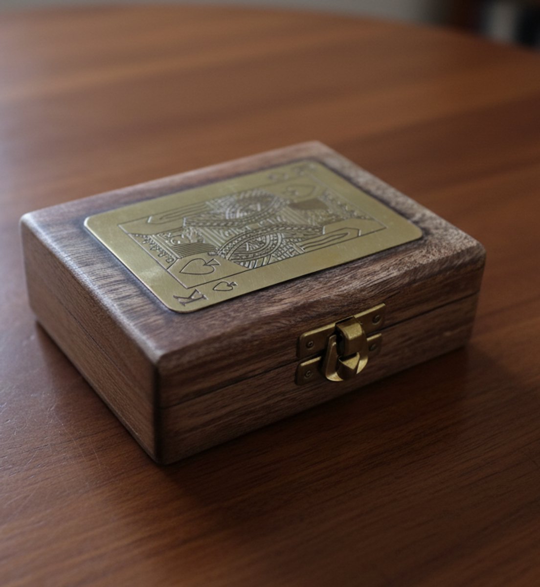 Houten Speelkaartendoosje met Messing Schoppen Koning (Inclusief Kaarten)
