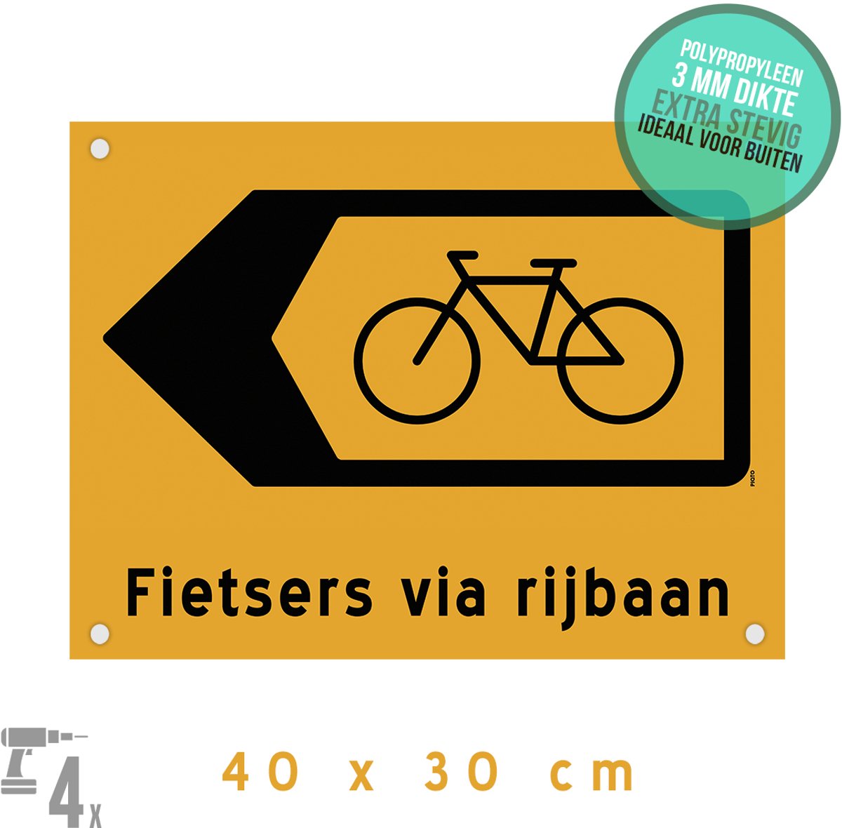 Pictogram/ bord + boorgaten | "Fietsers via rijbaan" - pijl naar links | 40 x 30 cm | Oranje | Wegomlegging | Let op! | Werken aan de weg | Fietspad | Werkzaamheden | School | Omleiding | Wegenwerken | 1 stuk