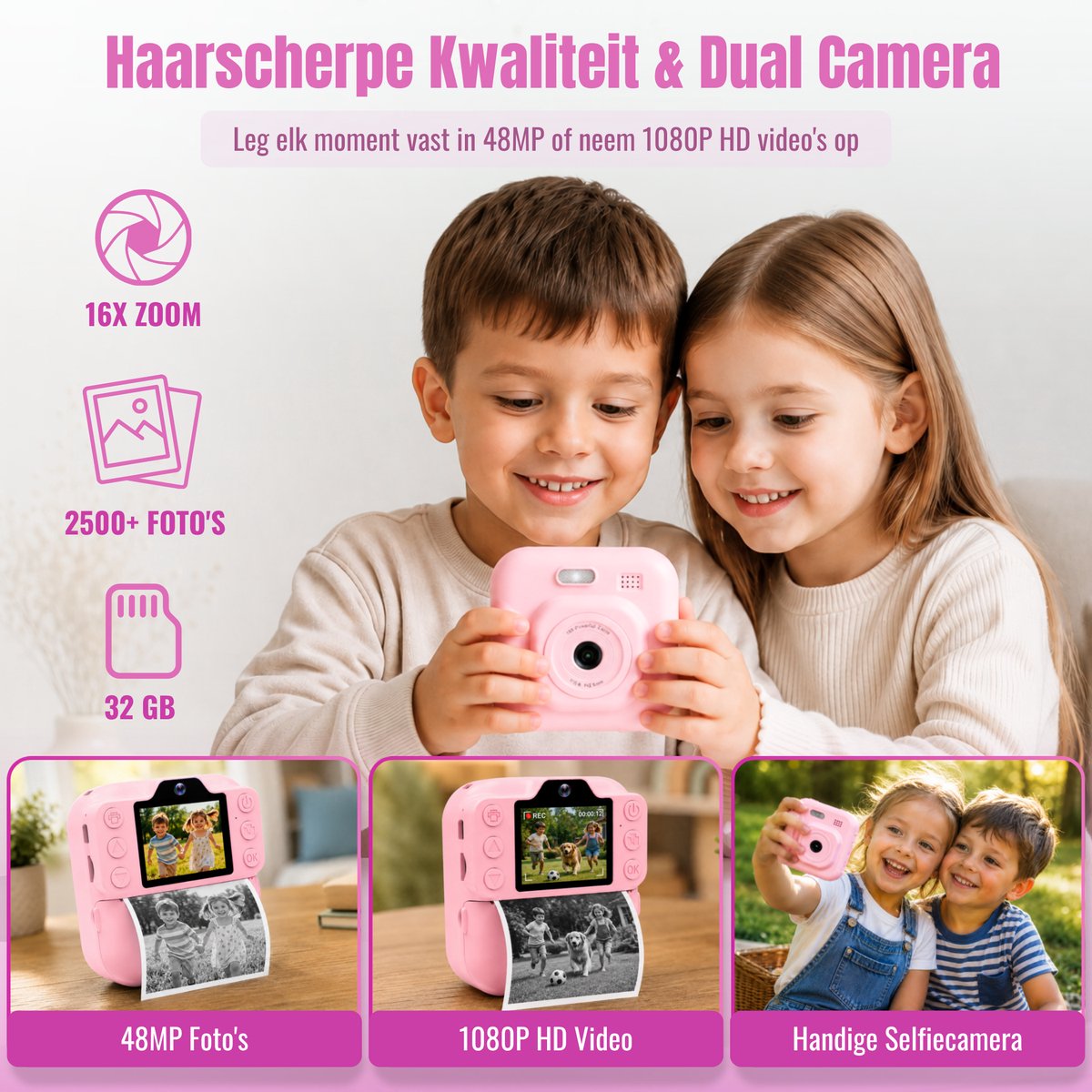 Impressora Térmica - Grote Kindercamera met foto printer - Instant camera - Digitale Camera Kinderen - Kinderfototoestel - Mini printer - Speelgoed camera - 48MP - Inclusief Cameratas + 4 papierrollen + 32GB sd kaart - Roze — cadeau in Spellen & Speelgoed - foto 2