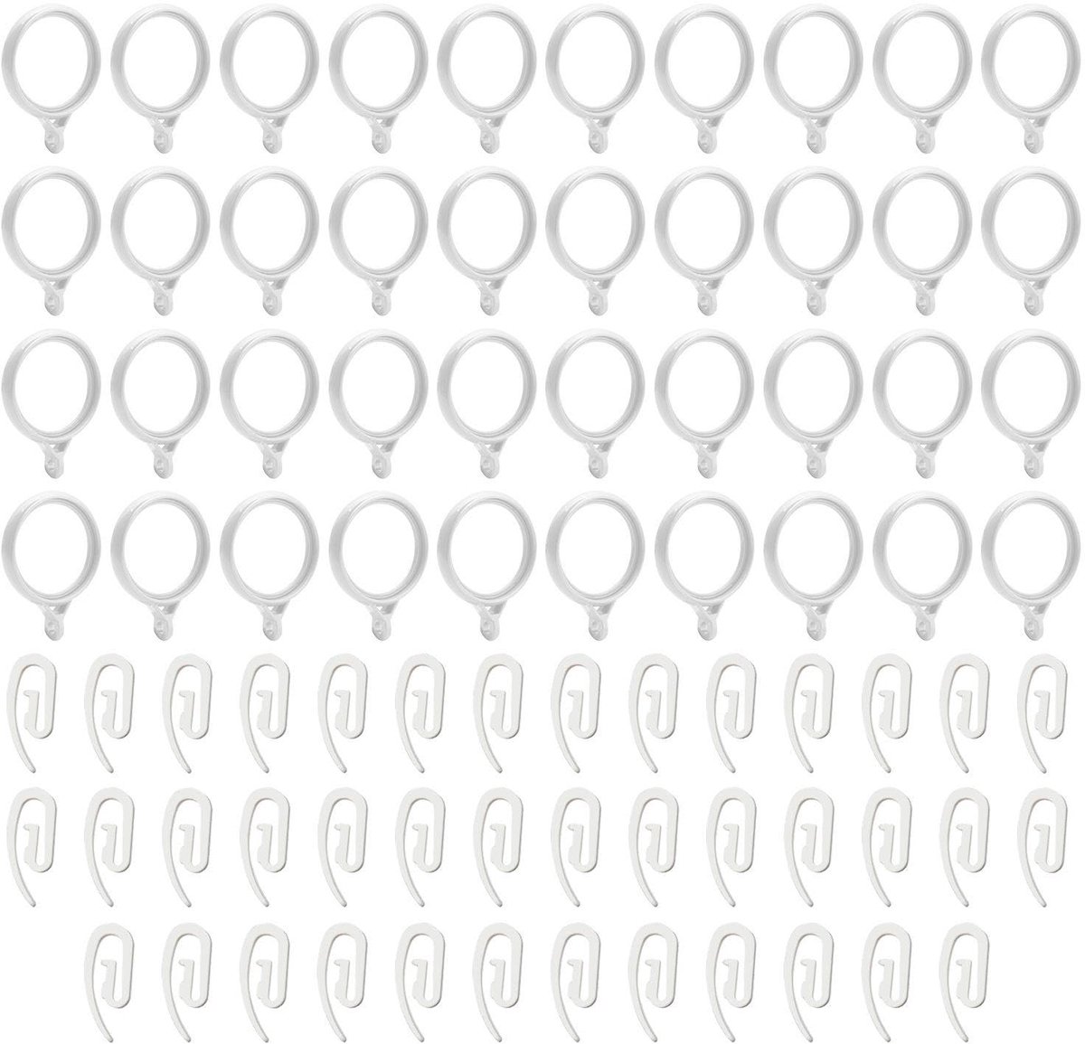 40 Gordijnringen En 40 Gordijnhaken, Witte 40 -Mm Plastic Ringen, Gordijnroede Ringen, Douchegordijnringen, Glijzang - ShopVlot