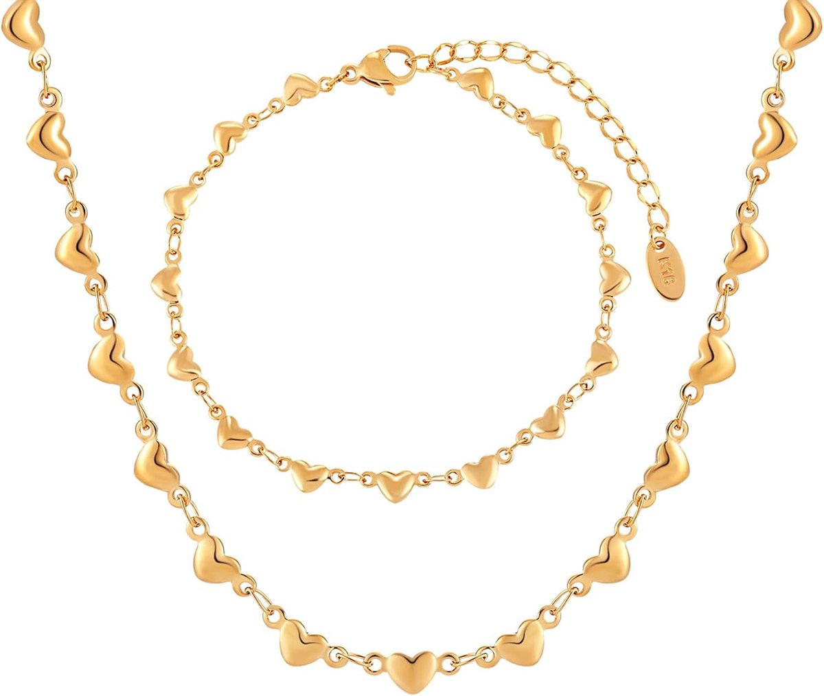 Gouden roestvrijstalen hartketting en armbandset voor meisjes, vrouwen, vrouwen, vrouwen, moedercadeau, meisjescadeau - ShopVlot