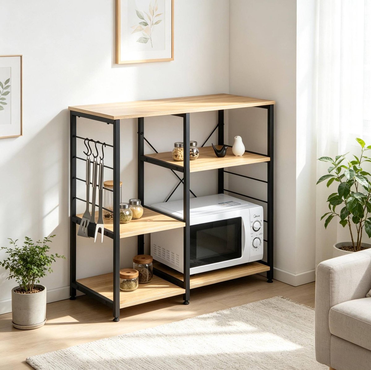 Wishdor Stellingkast - Open keukenrek met 5 planken en 4 haken - Vrijstaand ontwerp - Houtlook en staal - Zwart en licht eiken - 90 x 40 x 83,5 cm voor keuken en hal