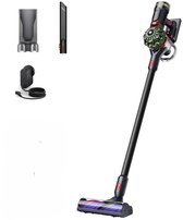 Dyson V8 Cyclone steelstofzuiger in zwart met groene details, inclusief accessoires.