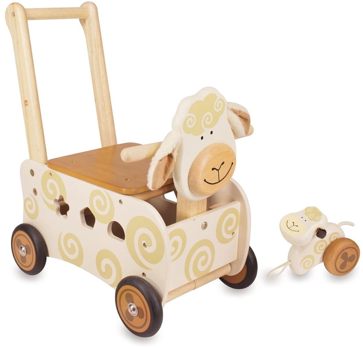 I’m Toy Loopwagen Schaap - Houten Looptrainer en Duwwagen - Bruin Wit - Vanaf 1 Jaar - 35 x 23 x 44 cm