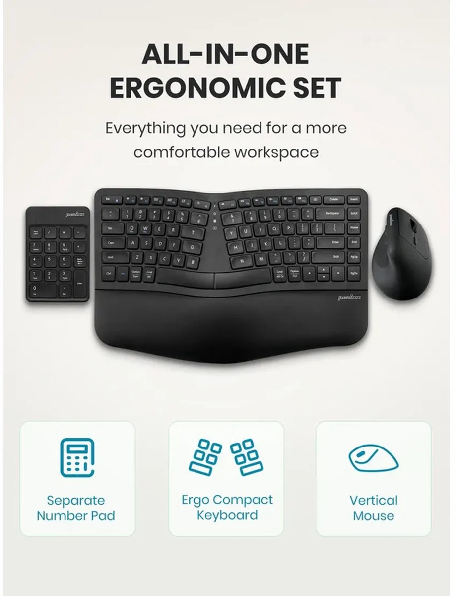 Perixx PERIDUO-606A II NL - Ergonomische 3-in-1 Set met Toetsenbord, Numpad en Verticale Muis - Draadloos en Oplaadbaar - US-layout - 2026