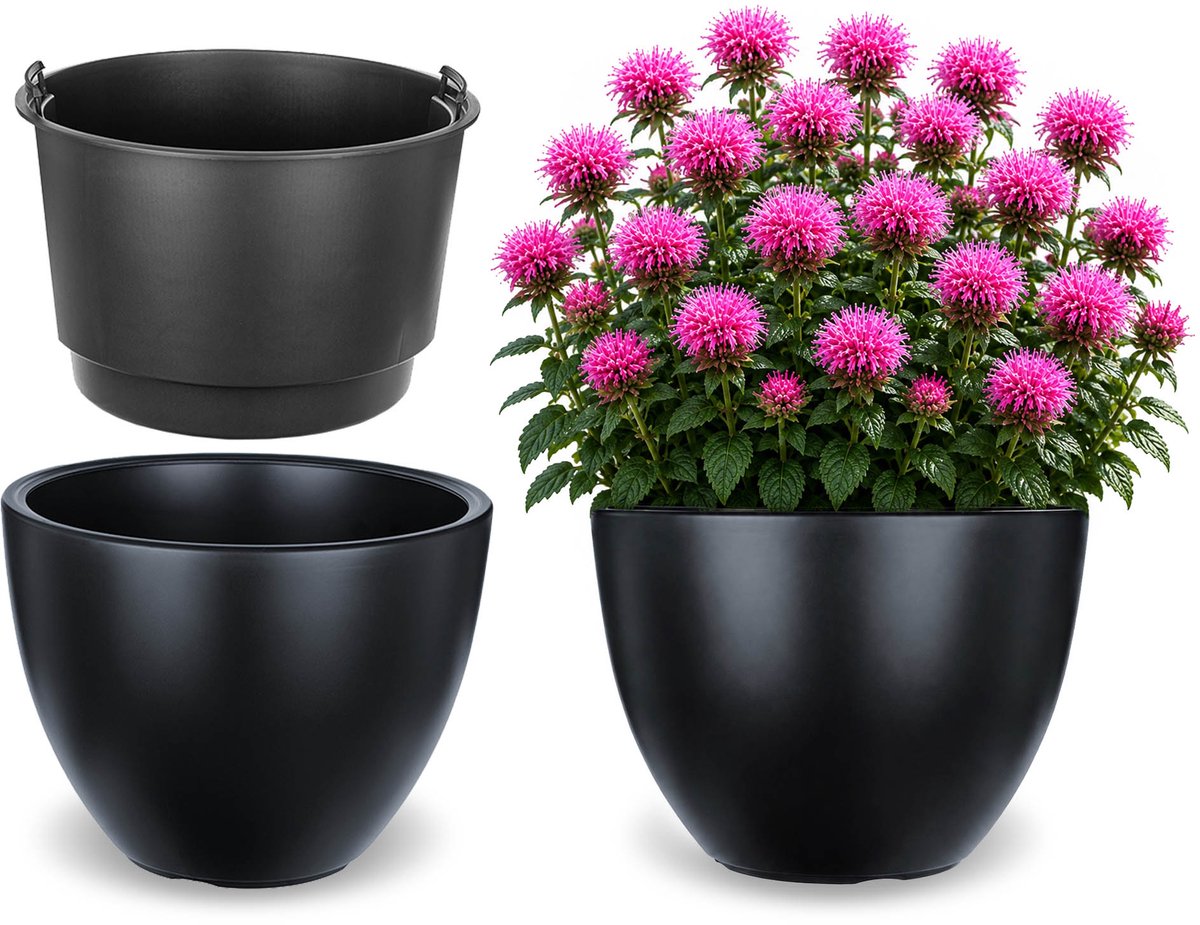 KADAX Bloempot met binnenpot, plastic sierpot vorstbestendig voor bloemen en planten, staand antraciet 29,5x23cm