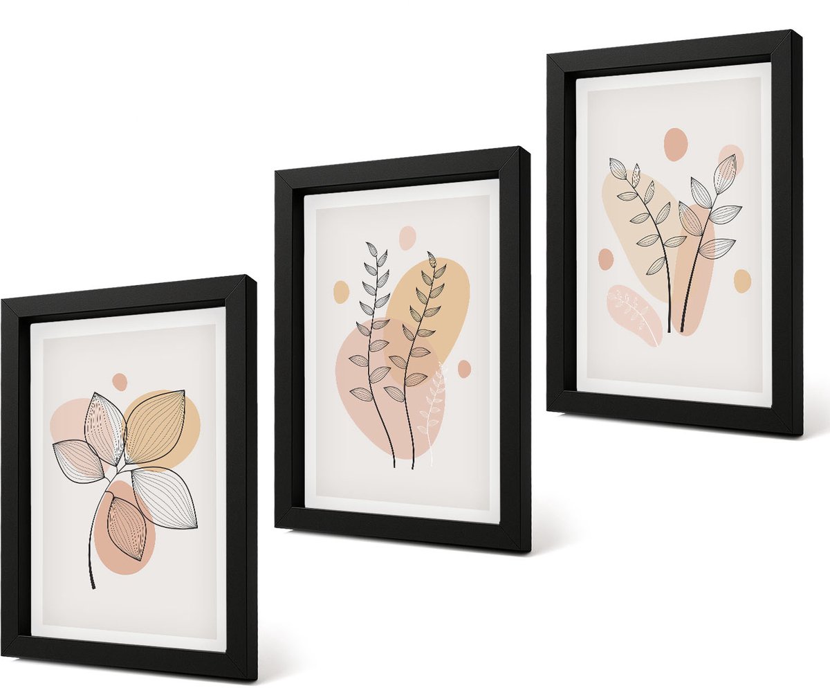 Coloray 4-Delige Schilderij Set - Minimalistische planttekeningen in pastelkleuren - 20 x 30 cm - Stijlvolle Wanddecoratie - Interieur - Moderne Wanddecoratie