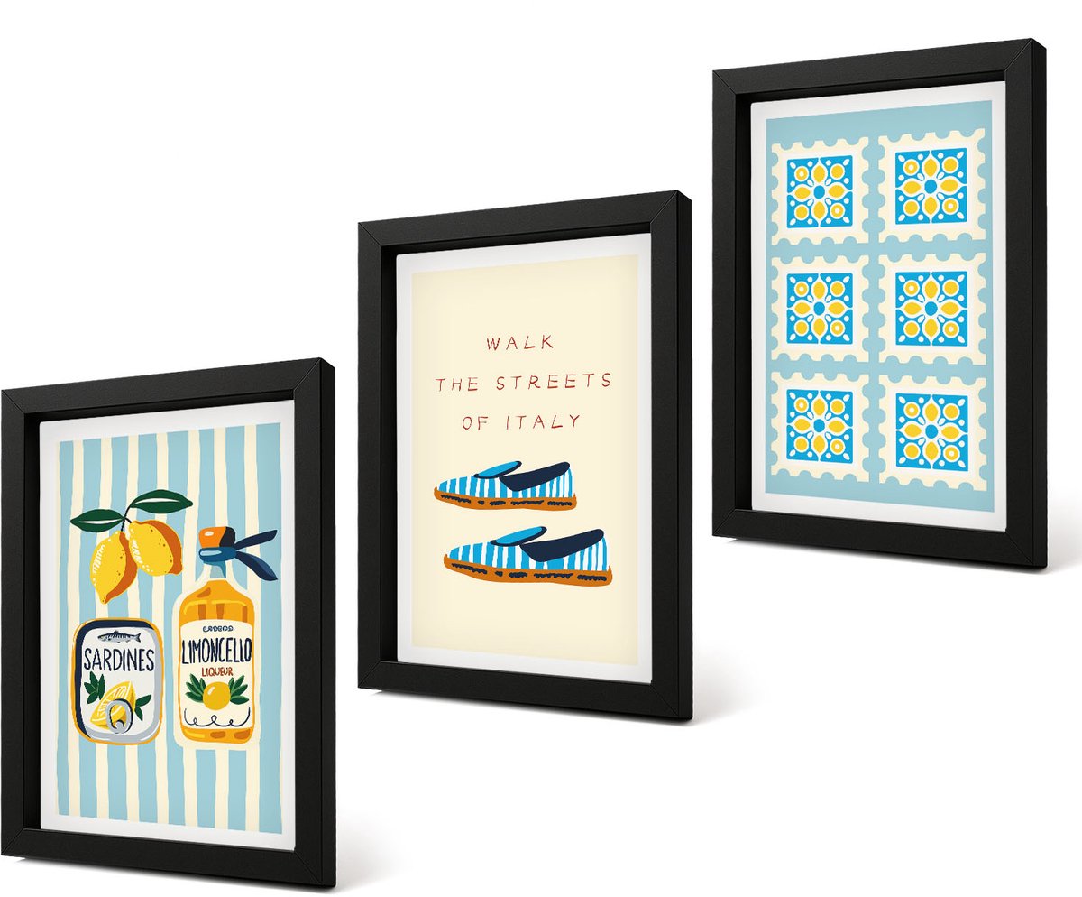 Coloray 4-Delige Schilderij Set - Fruitpatronen en elementen van de Italiaanse cultuur - 20 x 30 cm - Decoratieve Schilderijen - Woonkamer - Interieur