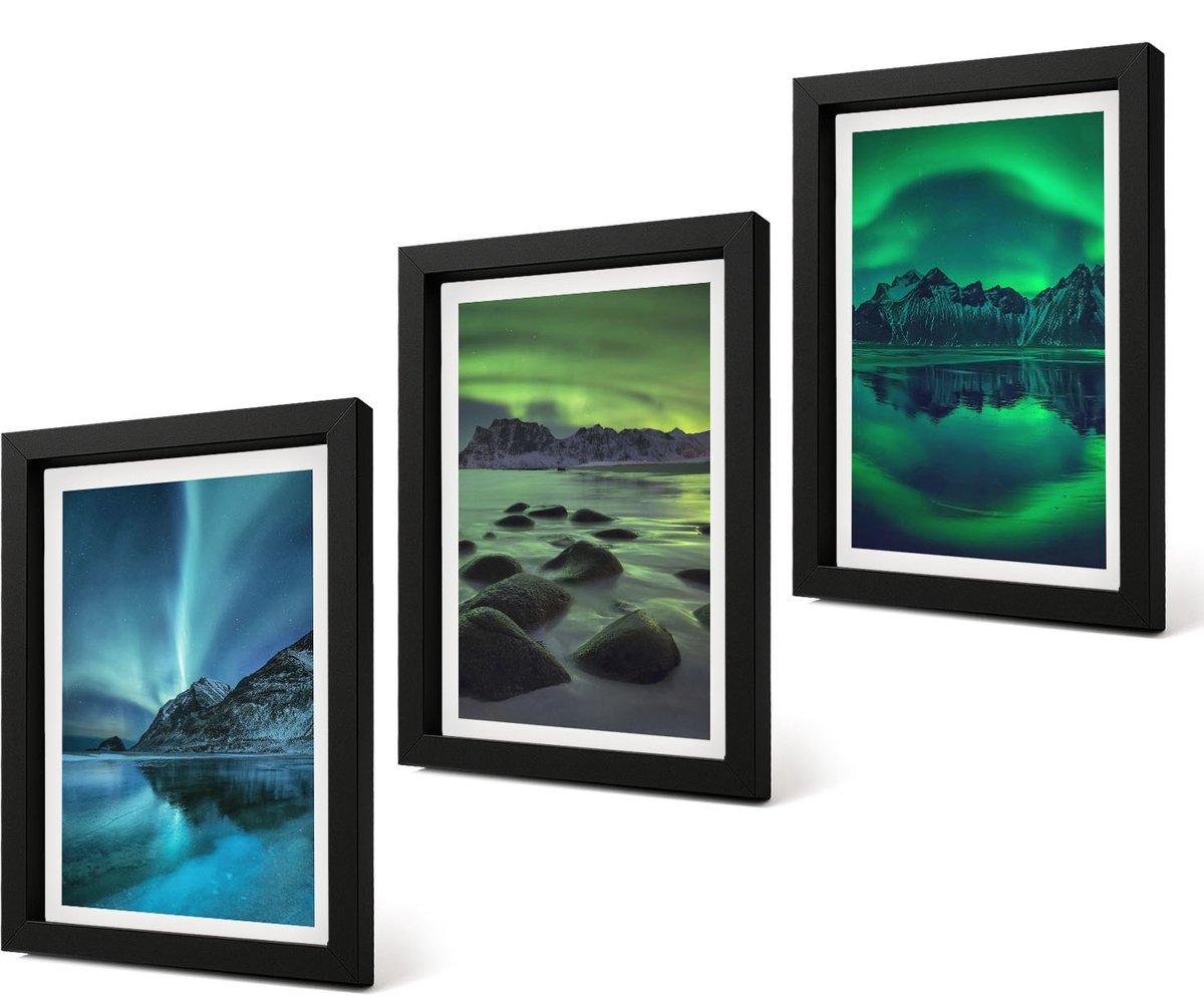 Coloray 4-Delige Schilderij Set - Winterlandschap met noorderlicht en bergen - 20 x 30 cm - Moderne Wanddecoratie - Woonkamer - Decoratieve Schilderijen