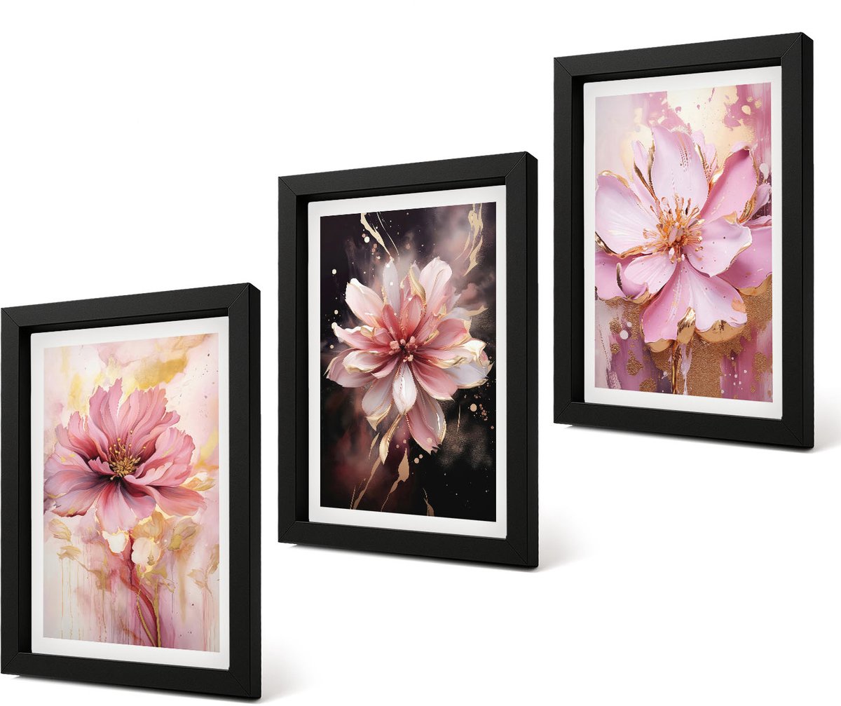 Coloray 4-Delige Schilderij Set - Bloemencomposities in roze en witte tinten. - 20 x 30 cm - Decoratieve Schilderijen - Wanddecoratie - Hal - Interieur Decoratie