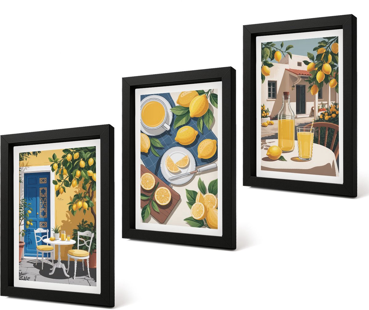 Coloray 4-Delige Schilderij Set - Lemonade, Italiaans uitzicht en een zonnig terras - 20 x 30 cm - Schilderijen Set - Wanddecoratie - Woonkamer - Stijlvolle Muurdecoratie