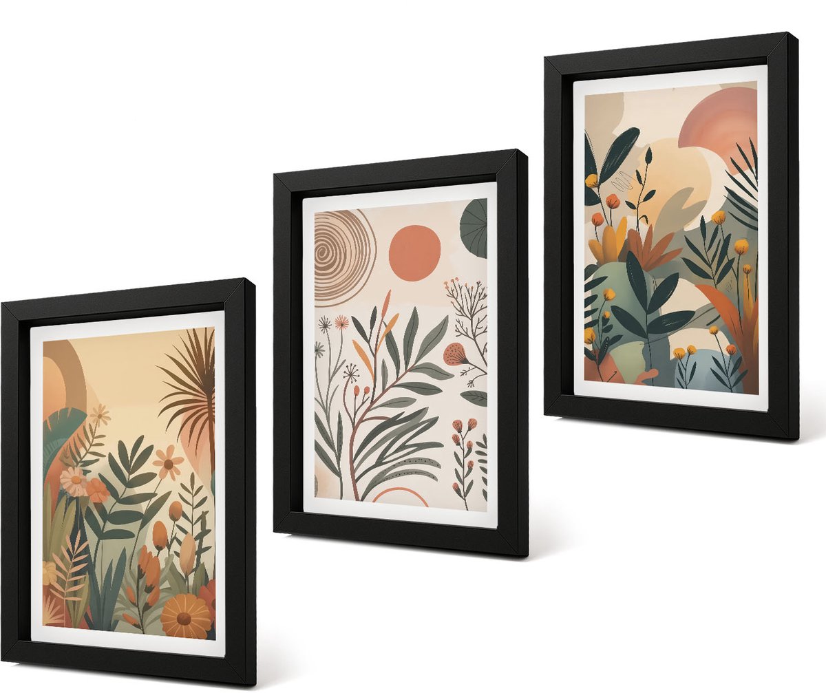 Coloray 4-Delige Schilderij Set - Plantmotieven in gedempte kleuren met cirkels. - 20 x 30 cm - Muurdecoratie - Schilderijen Set - Woonkamer - Stijlvolle Muurdecoratie